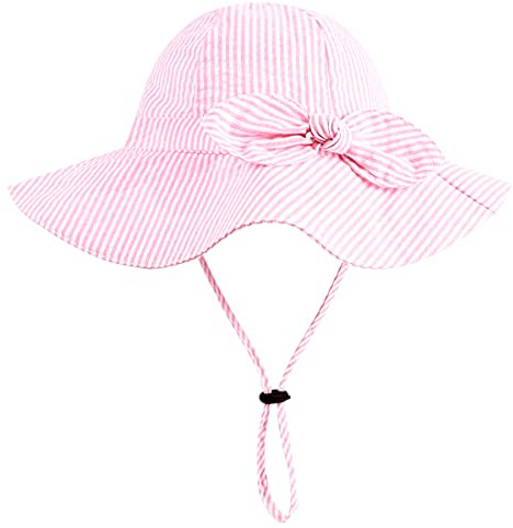 Baby Girl Sun Hat with UPF 50+ Outdoor Adjustable Beach Hat with Wide Brim Bucket Hats (0-6 Months, Pink-Stripe Printing)
