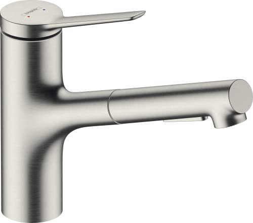 hansgrohe Zesis M33 - Küchenarmatur mit Metall Brause ausziehbar, mit Schlauchbox (sBox), 2 Strahlarten, Wasserhahn Küche mit Auslauf Höhe 150mm, Mischbatterie Küche schwenkbar , Edelstahl Finish