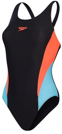 Speedo Bañador de 1 Pieza 2.0 con Bloques de Color | Traje de baño de Entrenamiento | Tacto Suave | Fitness en el Agua Traje de baño para Mujer, Negro/Rojo Sirena/Azul Picton, 36