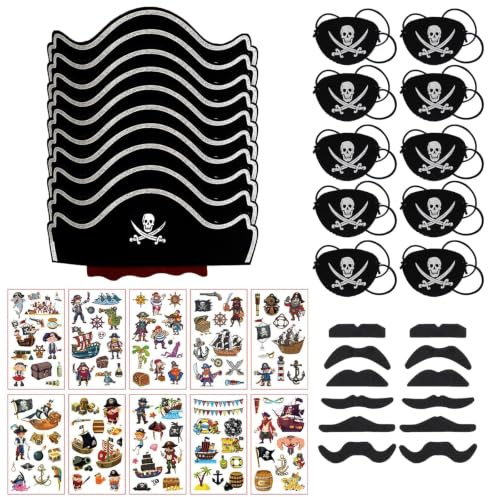 BDSHUNBF Diviértete a lo grande con los juguetes de fiesta a granel disfraz pirata perfecto,sombreros y parches piratas,10 sombreros de pirata,10 parche de ojos de fieltro pirata tatuajes piratas