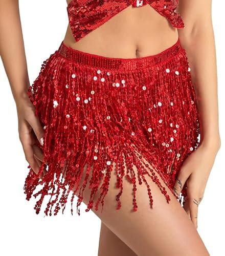 MUNAFIE Pailletten Rock Glitzer Rock Bauchtanz Hüfttuch Kostüm Damen Festival Outfit Damen Rot