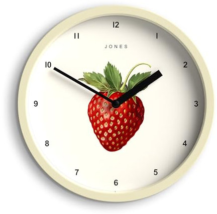 JONES CLOCKS® Fruit wanduhr | Kleine runde Uhr | 20cm | Creme | Botanische illustrierte Erdbeere Kunstwerk | Ideal für küche und esszimmer.
