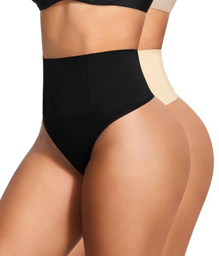 Eleady Thong Shapewear Tummy Control - 2 Piece Mid-Waist Compression Underwear Women Seamless Butt Lifting Panties - Black+Beige,Medium