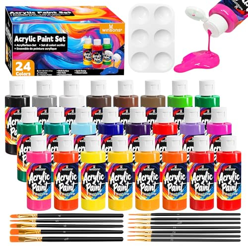 WINSONS Acrylic Paint Set 24 Colours, 59ml Each with 12 Brushes 1 Palette, Non-Toxic Waterproof Vibrant Permanent for Artists Students DIY on Canvas, Fabric, Wood, Rocks, Clay, Ceramic, Glass, Paper