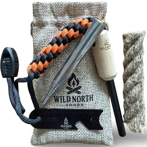Wild North Goods Fire Starter Kit - Ferro Rod, Striker, Tinder Rope, Bellow & Bag - Survival Gear for Camping, Bushcraft, Hiking & Emergency Use (15,000+ Strikes)