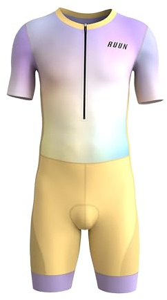 RUUN Men’s Cycling Trisuit Half Sleeve with Pockets Mesh Triathlon Padded Suit with Hi Viz Reflection Skinsuit Power Band and Leg Grippers (Medium, Yellow, One Size)