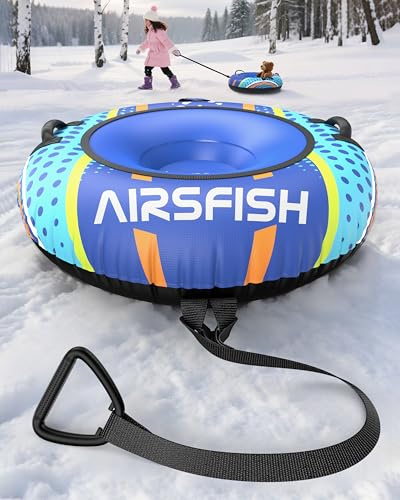 Airsfish Inflatable Snow Tube Sledge, Heavy-Duty with Premium Canvas Cover and Nylon Handles, Thickened Bottom Winter Toboggan Sled, for Adults, 47 Inches