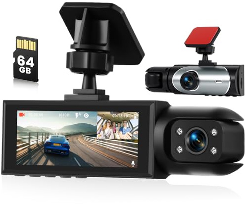 Inefala Dash CAM Coche con Tarjeta SD de 64GB, Camara para Coche con 2 Camaras 1080P Frontal Interior, Cámara para Coche con Sensor-G Visión Nocturna Asistencia de Respaldo Detección de Movimiento