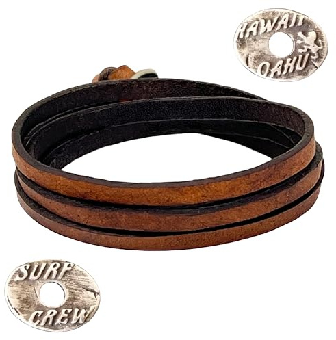LOCAL LEAGUE Leather Wrap Bracelet SURF CREW HAWAII for Men & Women - Tan/Cognac Brown - Multi-Layer Design, Adjustable Strap Wristband - Wrap up to 5 times, max. 37 (95 cm), Handmade in Europe
