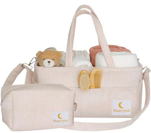 Naevyna Wickelkorb Organizer Set aus Cord 2-in-1 mit Schultergurt und Windeltasche - Windel Caddy für den Wickeltisch - Geschenk zur Geburt