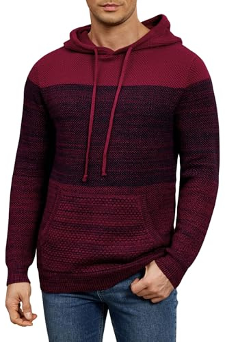 Danfiki Sudadera con capucha para hombre, de invierno, bloque de color, a rayas, ajuste delgado, con cordón, sudadera de punto con bolsillo tipo canguro