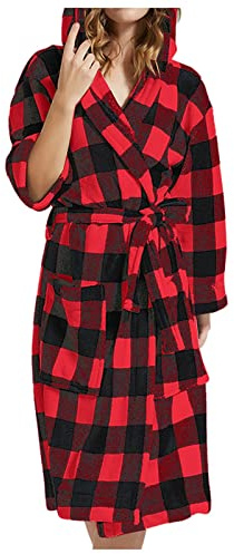Albornoz a cuadros para mujer, bata de baño de toalla con capucha, ropa de descanso con capucha a cuadros escoceses, bata de baño de manga larga, cómoda bata de toalla para mujer para el hogar, rosso