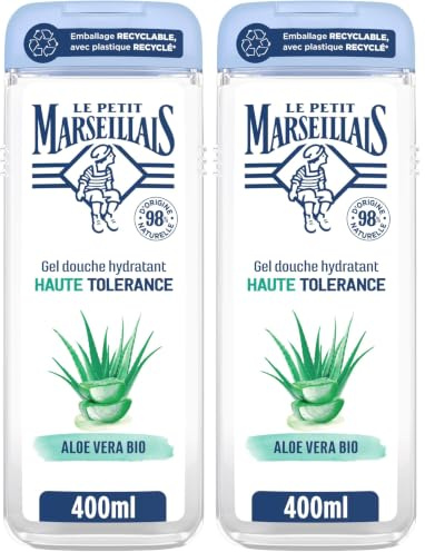 Le Petit Marseillais, Gel Douche Hydratant Haute Tolérance Aloe Vera Bio (flacon de 400 ml) – 98% d'ingrédients d'origine naturelle – Pour tous types de peaux, même sensibles (Lot de 2)