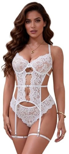 ohyeahlady Completo Intimo Donna Pizzo con Reggicalze Body con Reggicalze da Babydoll Pizzo Guepiere Intimo Hot Curvy Biancheria Intima Teddy