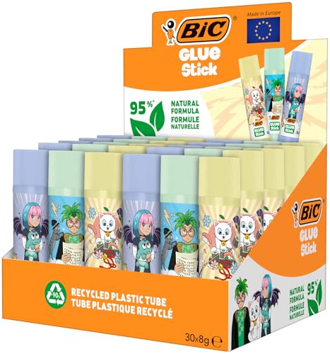 Bâtons de colle BIC 8 g, formule composée à 95 % d’ingrédients naturels en tube rotatif pour les travaux manuels - 3 motifs manga, boîte de 30, Assortis