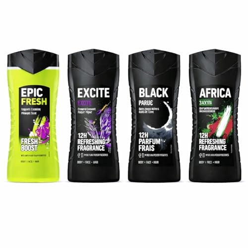 A-X-E Pack Gel Ducha hombre (4 x 250 ml) 3en1 Fragancias variadas. Epic Fresh, Excite, Africa y Black