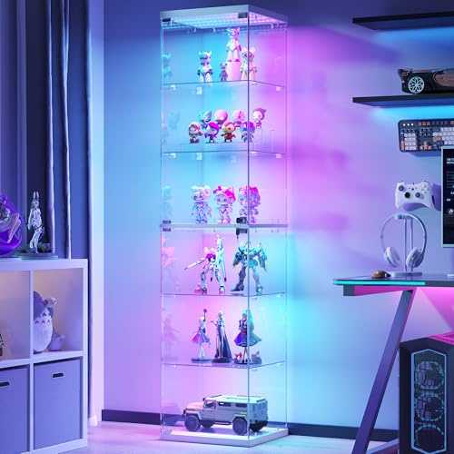 FREDEES Display Cabinet with RGB Lights and Glass Door, 6-Tier, White