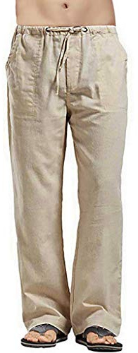Lanckeli Pantalones de Lino para Hombre, Pantalones Ligeros de Verano para Hombre, Pantalones Casuales de Lino Liso, Pantalones de Yoga de Playa Multibolsillos con Cordón.