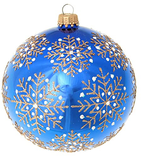 Krebs Glas Lauscha - Weihnachtsdekoration/Christbaumschmuck aus Glas - Weihnachtskugeln - Motiv: Blaue Kugel mit goldenen Schneeflocken - Größe: 4 mal 10cm