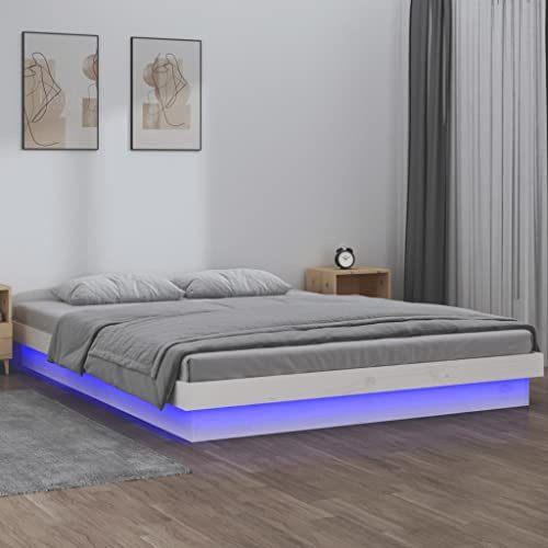 ZEYUAN Estructura de Cama con LED Madera Maciza Blanco 135x190 cm, Bases De Cama, Somier, Habitaciones Juveniles Cama, Cama Relax, Bed Frame, Marco De Cama, Mueble Cama 820013