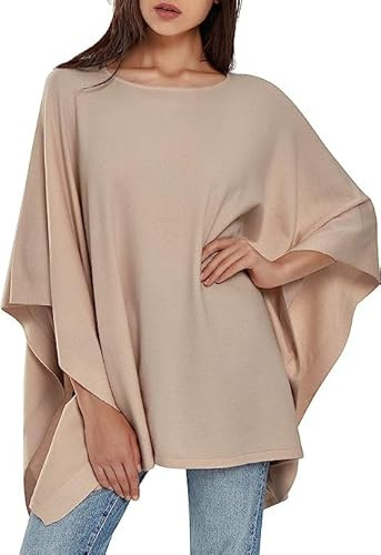 PULI Suéter elegante de mujer en viscosa tejido a mano, con poncho, Beige., Talla única