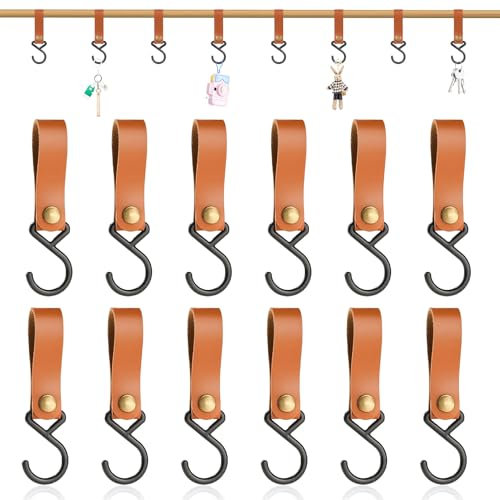 DBALL 12 Piezas Ganchos para Colgar en Cuero S Ganchos Multifuncionalesde Metal Gancho de Camping para Colgar Ollas Sartenes Tazas de Café Ropa Utensilios de Exterior (Marrón)