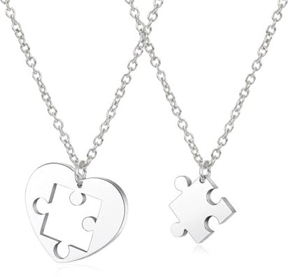 Hifot 2 Stück Halskette Damen Silber Freundschaftskette, Bff Ketten für 2 Mädchen, Herzförmiges Puzzle Kette Herz Anhänger, Halskette Lang für Frauen Freundin Geschenk Personalisierter Schmuck