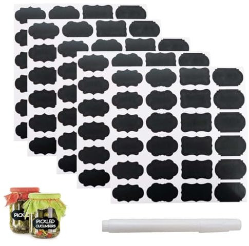 XURJUMI 120 Piezas Etiqueta Tarros, Reutilizable Etiqueta Negro, Impermeable Etiquetas para Tarros, Con 1 bolígrafo blanco, Etiquetas autoadhesivas Tarros para Botellas, Tazas, Tarros de Especias