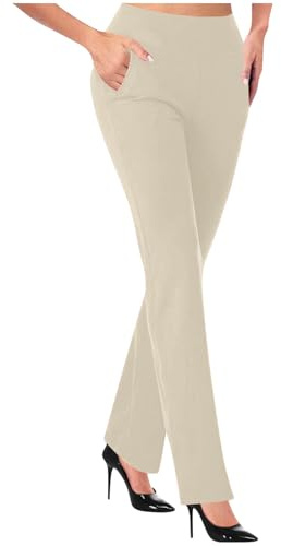 Pantalones de mujer con cintura elástica y pierna recta para mujer, de talle alto, para trabajo, oficina, negocios, lisos, finamente elásticos, con bolsillos, beige, XL