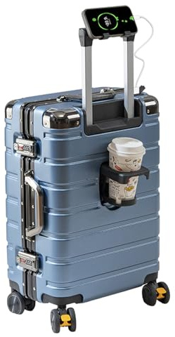 EclatVivid Luggage with USB & Type-C Charger Aluminum Frame Carry On Suitcase, 20 Inch Carry On Luggage, PC Hard Shell Suitcase with USB Charger, Cup Holder(Bule, 20 inch)