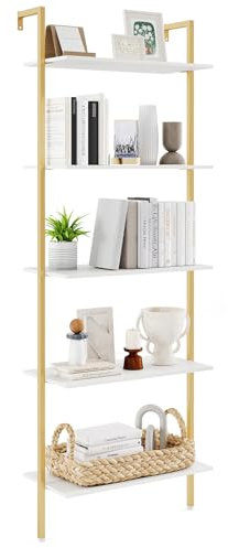 COSTWAY 5-Tier Ladder Shelf, Tall Wall Bookshelf Open Display Rack, Metal Frame Wooden Wall Mounted Bookcase Storage Shelving Unit for Living Room, Bedroom and Office, 64x30x178cm, White+Gold