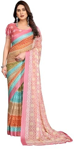 ETHNICMODE saree indiano donna Printed Georgette Light Weight Jari Party Multicolor sari indiani donna Peach Blouse Piece-1139
