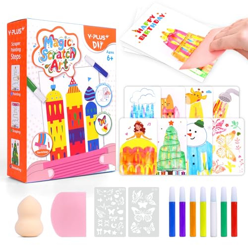 YPLUS Rainbow Scratch Art for Kids, Creative Squeegee Painting Kits, DIY Rainbow Scratch Paper, Magic Kids Crafts with Rubbing Game, Birthday Gifts for Girls Boys 5 6 7 8 9 10