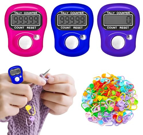 Stalora - Medidor de dedo electrónico con 100 marcadores de malla para tejer y ganchillo, clip de cierre de ganchillo, marcadores de colores, accesorios de tejer