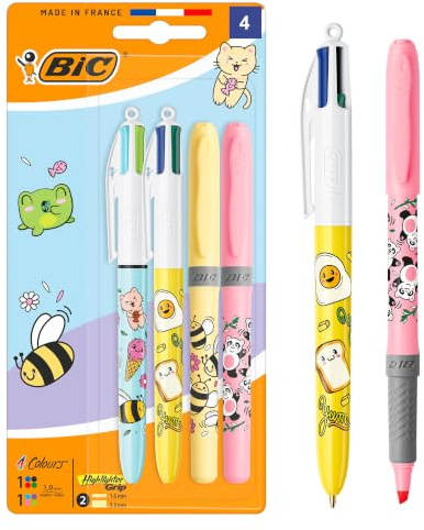 BIC 4 Couleurs Décors Série Kawaii Stylos-Bille Rétractables à Pointe Moyenne (1,0 mm) Encres Fantaisie de Couleur + BIC Highlighter Grip Décors Pointe Biseautée - Motifs Kawaii Assortis, Pack de 4