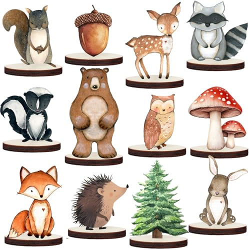 Tazuxetuqe 12 Piezas Animales del Bosque Pintados Decoración De Madera para Mesa Figuras Troqueladas Fiesta De Bebé En El Bosque Elementos Salvajes Cubierta Protectora De