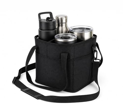 Tastetreasure Bolsa de transporte de bebidas aislada de 4 compartimentos, de nailon negro, reutilizable, con correa ajustable para el hombro y bolsillo frontal, bolsa antiderrames para viajes, picnic