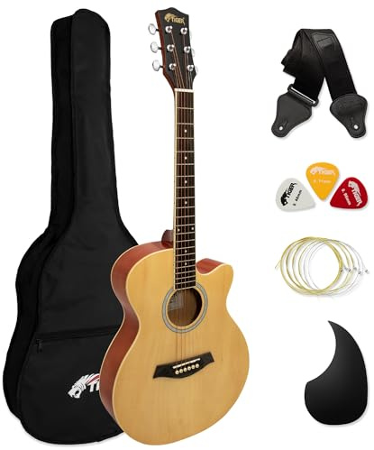 Tiger ACG1-NT34 Acoustic Guitar with Steel Strings – 3/4 Size – for Beginners aged 9+ – Bag, Strap, Spare Strings, Scratchplate and Pick Included - 6 Months Free Lessons - Natural