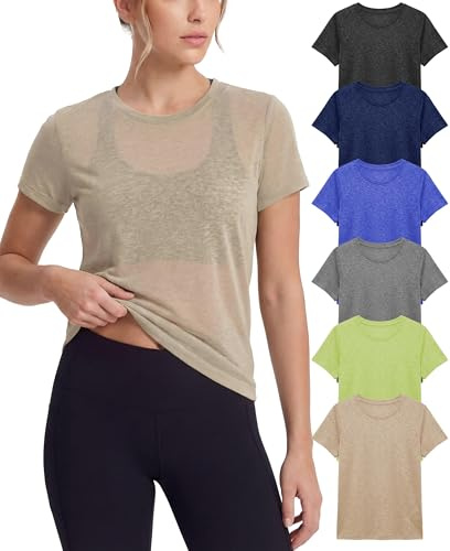 Sexy Basics Women's Crew Short Sleeve Tops | Semi Sheer Slub Burnout Fabric Workout T Shirts | Multi Packs & Colors