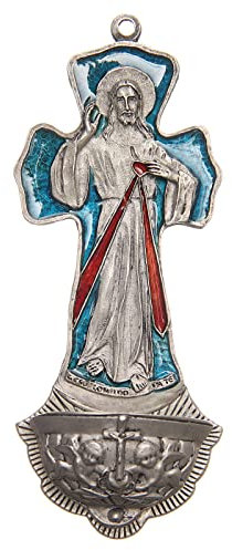 Holyart Croix Christ Miséricordieux - Plaque - Croix - Zamac Argenté Vieilli - Bleu - Classique - Salle de Séjour - Mural