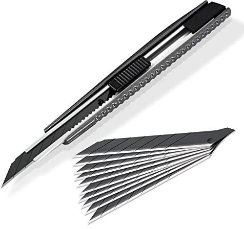 FOSHIO Utility Knife Retractable with 10PCS Snap Off Blades, Stainless Steel Shell with Non-Slip Handle Box Cutter for Cardboard, Boxes and Cartons