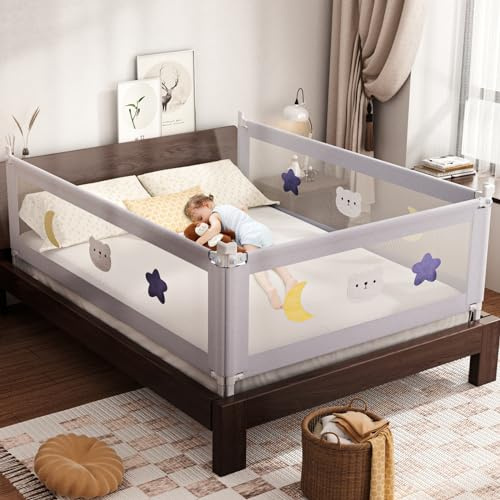 omzer 3-Piece Bed Rails for Queen Bed - Height Adjustable Bed Rail for Toddlers with Double Child Lock, Bed Rail for Baby Kids with Pattern, Infants Toddler Bed Gate for Queen Size Bed, 78.7x78.7x59”