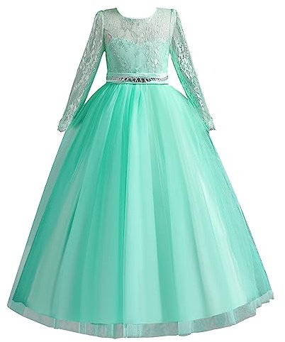 Long Sleeve Princess Lace Dress for Flower Girls, First Communion Pageant, Christmas Party, Birthday, Carnival - (Green,7-8 Years)