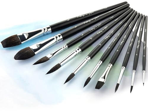 Falling in Art 10Pcs Soft Squirrel Hair Paint Brushes - Professional Watercolor Brush Set with Short Handles - Round, Flat, Dagger, Oval Wash for Watercolor and Gouache Painting