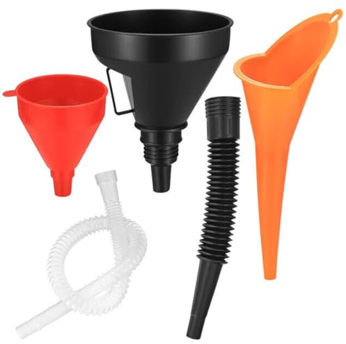 FiTspi Plastic Funnel Set 3Pcs Universal Funnels Portable Gasoline Engine Funnel Long Neck Oil Funnels with Detachable Spout & Filter