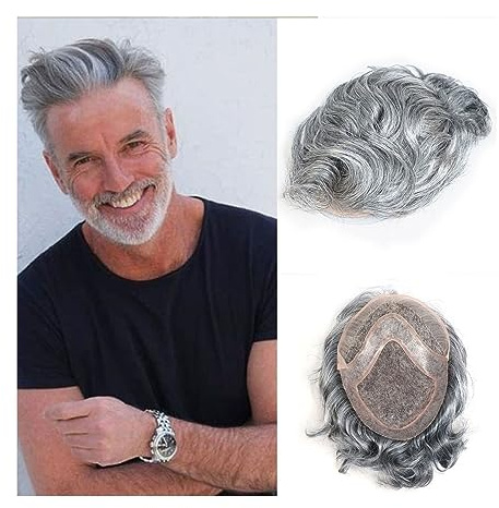 Pelucas para Hombre Tupé for hombres de cabello humano 8 x10 Mono duradero con base de PU Tupé for hombres # 1B Negro con color gris Frente de encaje Sistema de reemplazo de cabello for hombres para