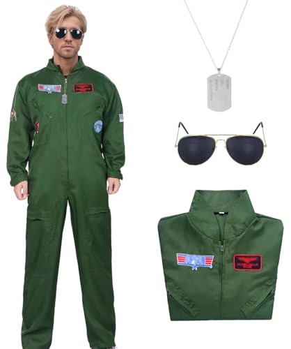 Antsparty Costume da pilota da uomo, set con tuta da pilota, collana, occhiali da sole, tuta da aviatore verde, costume da aviatore, per uomini e adulti, per Halloween, cosplay (verde, S)
