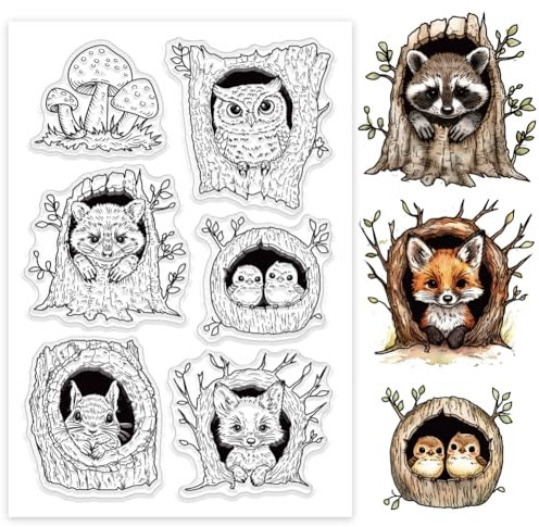 GLOBLELAND Baumloch Fuchs Transparente Silikonstempel Eule Eichhörnchen Klare Stamps Vogel Waschbär Pilz Silikonstempel Für Kartengestaltung DIY Prägung Journaling