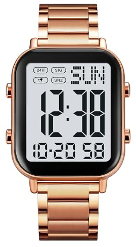 FANMIS Classic Unisex Digital Sports Watches Women's Men's Multifunctional Watch Stainless Steel Band Square Big Numbers Dial Waterproof Electronic Led Watch (Rose White)