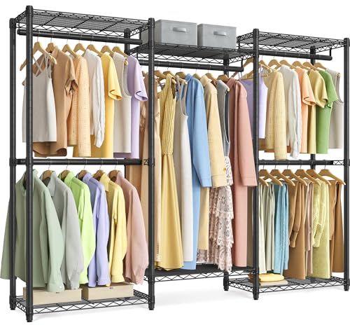 SONGMICS Heavy-Duty Clothes Rack, Garment Rack, Portable Closet, 68.7-Inch Wide Clothing Rack with Adjustable Mesh Shelves and Hanging Rails, Ink Black ULGR433B01
